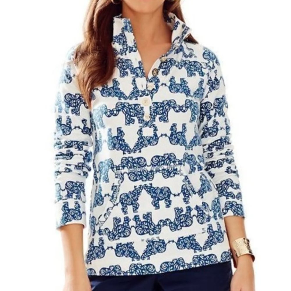 Lilly Pulitzer Blue White Elephant Popover Sweater Size S